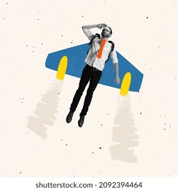 Contemporary art collage of man flying up on a plane symbolizing professional and personal growth. Concept of motivation, achievement, goals, career, employment. Copy space for ad