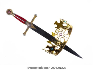 medieval fantasy sword and crown isolated on white background