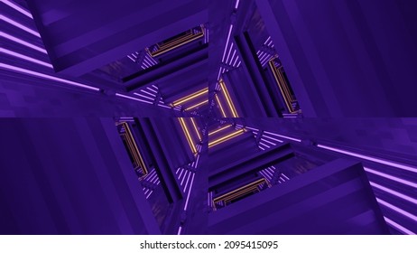 O randare 3D a unui hol caleidoscop futurist către un portal cu lumini neon colorate