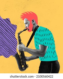 Collage de arte contemporáneo. Joven, hipster tocando la trompeta aislado sobre fondo amarillo. Diseño moderno. Concepto de estilo de vida musical, creatividad, inspiración, imaginación, moda y publicidad.