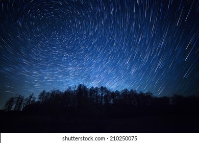 nachtelijke hemel, sterrensporen en het bos