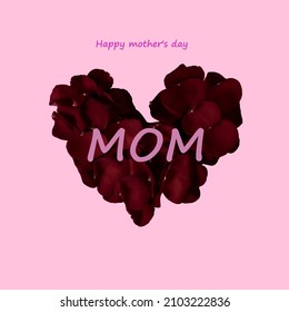 Feliz día de la madre, día de la mujer, día de San Valentín o fondo de colores pastel de cumpleaños. Tarjeta de felicitación plana floral con corazón de pétalos de rosa, letras del Día de la Madre Feliz y espacio de copia.