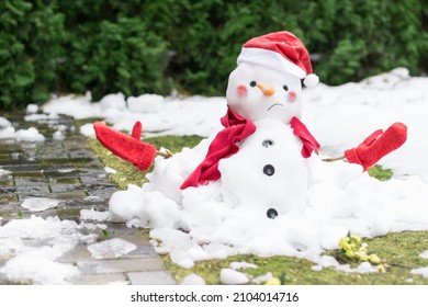 Ongelukkige sneeuwman in wanten, rode sjaal en muts smelt buiten in zonlicht op besneeuwd groen gras met kleine gele bloemen bij nat trottoir. Naderende lente, warme winter, klimaatveranderingconcept