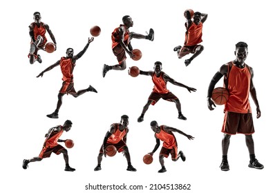 Desarrollo de movimientos. Collage hecho de imágenes de jugadores profesionales de baloncesto con uniforme deportivo con pelota en movimiento, acción aislada en el fondo del estudio blanco. Movimiento, acción, concepto deportivo.