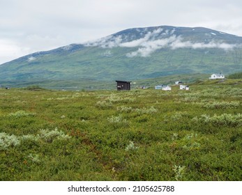 ヴィリハウレ湖のラップランドの風景で、サーミ村のアラスルオクタの家々、雪をかぶった山々、低木の平原があります。スウェーデンの夏の不機嫌で霧の多い野生の自然、Padjelantaleden ハイキング トレイル。
