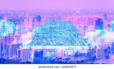 サイバー パンクのテーマ カラーの未来的なホログラム都市。将来のデータ ネットワークとビジネス コンセプトにおけるメタバース技術の成長。デジタルゲームコネクト。