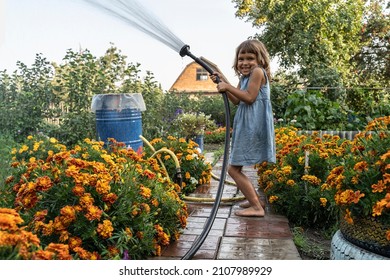 Funny little girl watering from a hose flowers in her home garden. Rural life. Happy child is resting in the summer, playing with water and watering the greens with a hose evening