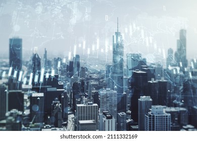 Exposición múltiple de holograma de gráfico financiero abstracto virtual y mapa mundial sobre los antecedentes de los rascacielos de Chicago, concepto de investigación y análisis