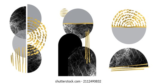 白、グレー、黒、金色の抽象的なミニマリストの壁アート。シンプルなライン スタイル。金色の幾何学的形状、円、モダンなクリエイティブ マーブル パターン。