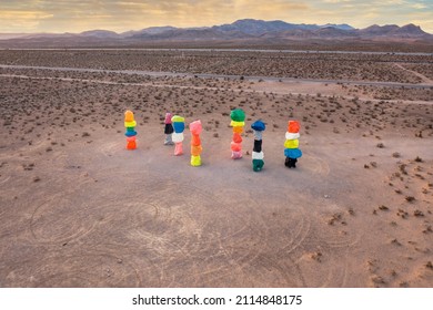 Sunset Aerial View of Seven Magic Mountains at Nevada