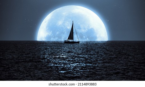 満月と天の川が海の地平線の上に昇り、帆船のシルエットが描かれています。