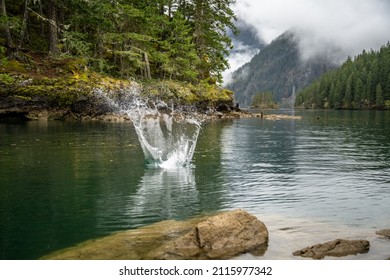 Ein malerischer Blick auf ein Spritzwasser in einem See in einem Wald