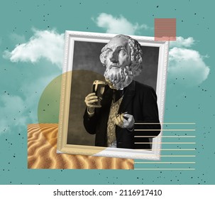 Surrealism. Contemporary art collage. Idea, inspiration, aspiration and creativity. Model with ancient statue head in vintage clothing. Concept of comparison of eras, artwork. Copy space for ad