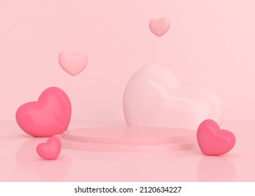 Escena abstracta minimalista con podio y figuras de amor sobre fondo rosa. Escena minimalista para presentación de producto.