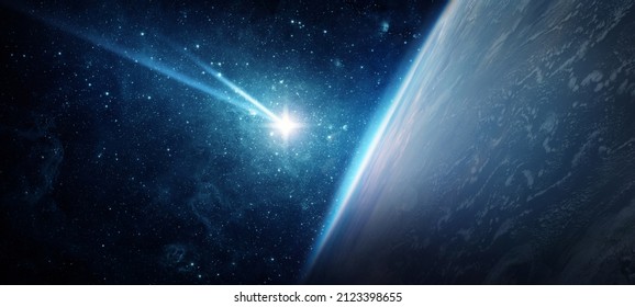 Komet, asteroid, meteorit yang terbang ke planet Bumi. Konsepnya bertema kiamat, armageddon, kiamat, Hari Penghakiman. Elemen gambar ini disediakan oleh NASA.