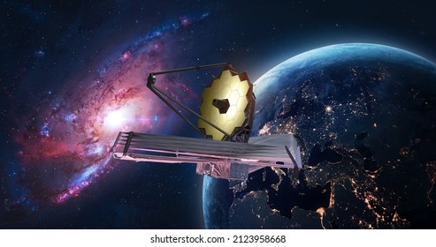 JWST im Weltraum in der Nähe der Erde. James-Webb-Teleskop weit entfernte Galaxien und Planeten erforschen. Science-Fiction-Weltraum-Collage. Astronomische Wissenschaft. Elemente dieses Bildes, bereitgestellt von der NASA