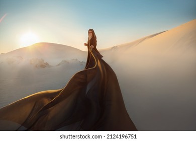 黒いロングドレスを着た謎のアラビア語の女性が、風の動きで砂漠の長い列車のシルク生地のフライフライターに立っています。服の金のアクセサリーは顔を隠します。オリエンタルファッションモデル。砂丘の背景の夕日
