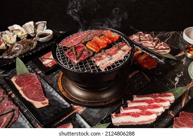 set of various raw meat grill on stove in korean barbecue style
