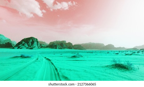 Abstract space with sand and rocks. Modern pacific pink and lime green colors light spectrum. Mysterious cosmic landscape, virtual reality.