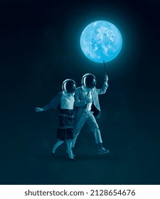 Composition with man and woman wearing retro outfits and helmets walking under the starry night sky. Astronautics, dreams, art, Day of Human Space Flight. Contemporary art collage.
