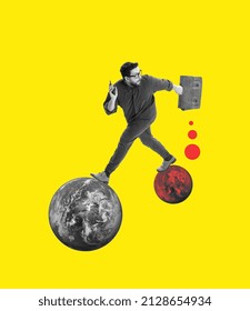 Escape. Young man, student with retro briefcase jumping from one planet to another. Contemporary art collage. International immigration, brain drain, digital nomad, leave country, freelance job.