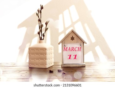 Kalender voor 11 maart: een decoratief huis met de naam van de maand maart in het Engels, het nummer 11, een boeket van bloeiende wilgen in een vaas, raamschaduw, bokeh