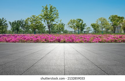 En primavera, los macizos de flores al costado de la plaza de piedra en el parque.