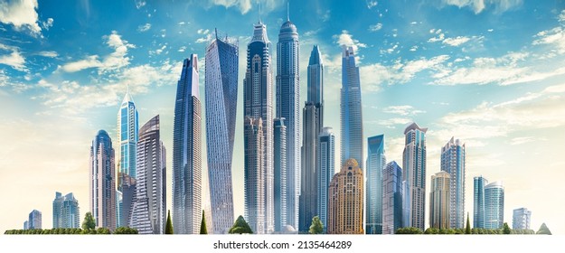 Modern City illustration isolated at white with space for text. Success in business, international corporations, Skyscrapers, banks and office buildings.