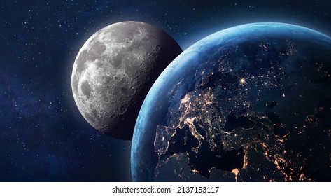 La Tierra y la Luna en el espacio. Tierra de noche. Superficie lunar con cráteres. Luna Planetaria. Programa espacial Artemisa. Elementos de esta imagen proporcionados por la NASA