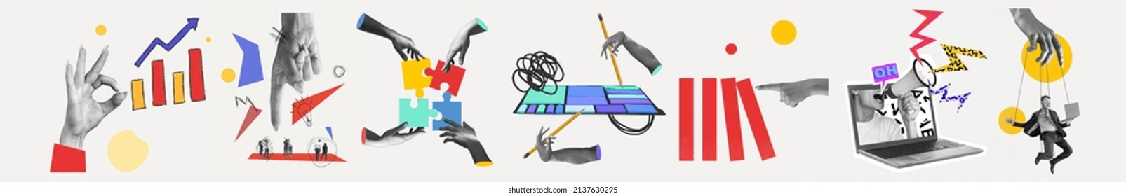 Grafiken, Rätsel, Diagramme. Zeitgenössische Kunstcollage aus Aufnahmen von Menschen, arbeitenden Händen, kaum isoliert auf weißem Hintergrund, Geschäftskonzept, Finanzen, Karriere, Mitarbeiter, Teambildung. Flyer