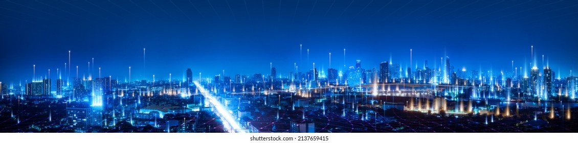 バナー スマートシティ ドット ポイントは、グラデーション ライン、接続技術メタバース コンセプトと接続します。夜のバンコクの街の背景に、タイのビッグデータ、パノラマビュー。