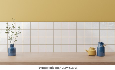Design di mockup di bancone accogliente e minimale per sfondo di presentazione del prodotto. Branding in stile giapponese con bancone in legno chiaro e piastrelle bianche gialle. Parete con vaso per piante. Render 3D dell'interno della cucina.
