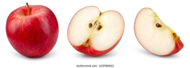 Rode appel geïsoleerd. Hele appel, de helft en een plakje op witte achtergrond. Rode appl set met uitknippad. Volledige scherptediepte.