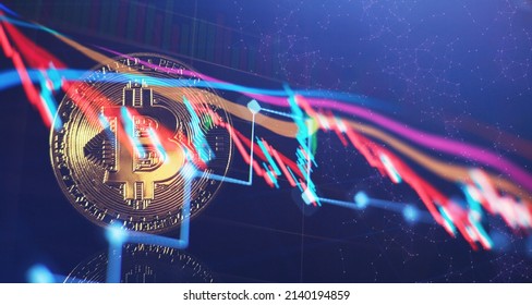 ビットコインの為替レートの動向。ビットコインの上昇と下降のチャート。Bitcoins と新しい仮想マネーの概念。キャンドル スティック グラフ チャートとゴールド bitcoins