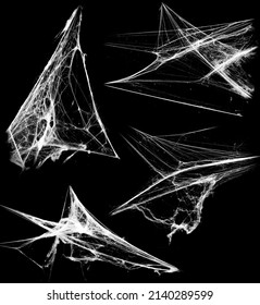 クモの巣効果を重ねます。黒の背景に分離されたクモの巣のコレクションです。デザインの装飾としてクモの巣要素。ハロウィーンの小道具