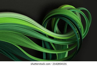 Línea de papel con ondas de color verde. Textura abstracta, fondo negro con espacio de copia horizontal.