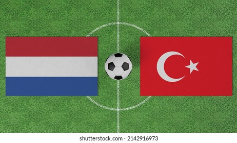 Voetbalwedstrijd, Nederland vs Turkije, vlaggen van landen met een voetbal op het voetbalveld