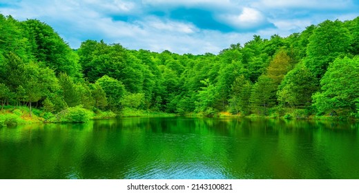 panoramisch meerlandschap. Uitzicht op de natuur op prachtig meer met groene bomen. Lake scène in de prachtige natuur van Turkije. panoramisch natuur achtergrondthema. Uludag berg nationaal park, Bursa, Turkije.