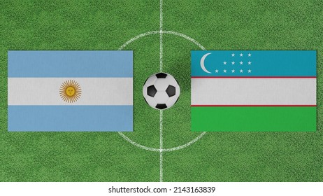 Football Match, Argentina vs Uzbekistan, Flags of countries with a soccer ball on the football field