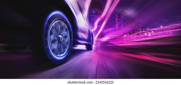 Speeding car with speedometer. Low angle side view of car driving fast on motion blur