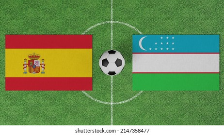Football Match, Spain vs Uzbekistan, Flags of countries with a soccer ball on the football field