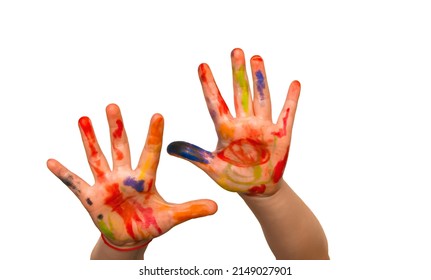 kinderpennen in veelkleurige verf op een witte geïsoleerde achtergrond met gespreide vingers