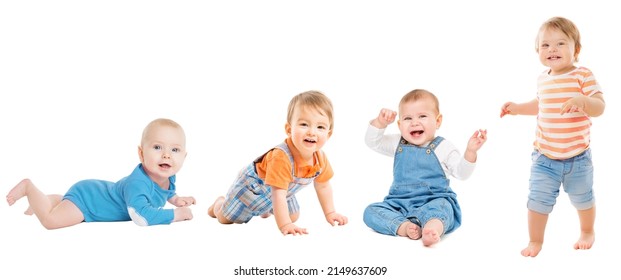 Baby Group trên White. Các giai đoạn phát triển của em bé. Các mốc phát triển của trẻ sơ sinh trong năm đầu tiên. Trẻ em hạnh phúc Trẻ sơ sinh và trẻ mới biết đi bò, ngồi, đi bộ