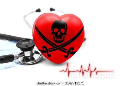 聴診器の横にあるハートの形をした赤いジョリーロジャー海賊団の旗、世界保健システムのコンセプト