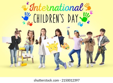 Wenskaart voor Internationale Kinderdag met veel kinderen in uniformen van verschillende beroepen