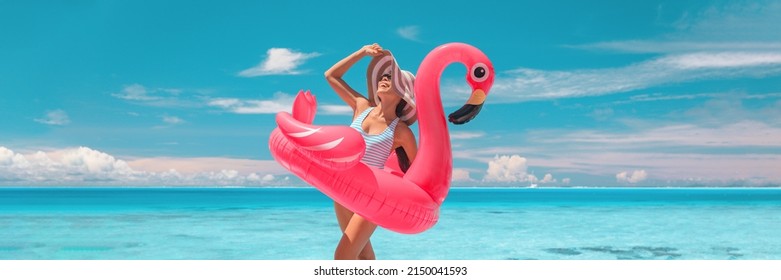 海滩度假夏季加勒比旅游女性在游泳池粉红火烈鸟漂浮中享受日光浴放松 — — 有趣的假日横幅全景