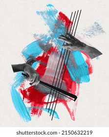 Bright cover for magazine. Creative retro design. Musical instruments on bright background. Concept of music lifestyle, creativity, inspiration, imagination, ad. Contemporary art collage