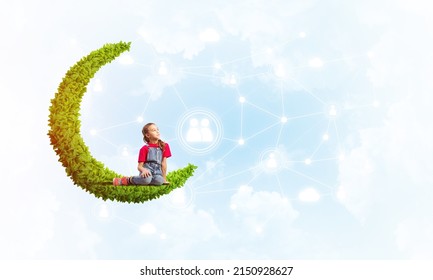 Cute smiling girl on green moon presenting social connection concept