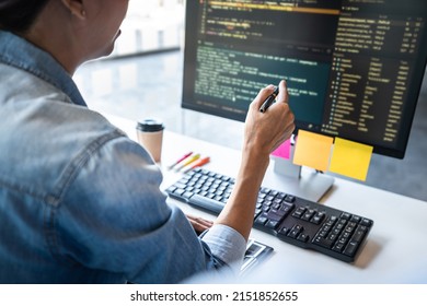 Dos programadores profesionales que cooperan y trabajan en un proyecto de sitio web en un software que se desarrolla en una computadora de escritorio en la empresa, códigos y código de datos de escritura, Programación con HTML, PHP y javascript.