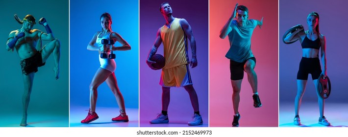 Thaise bokser, atleet, basketbal. Collage van verschillende sporters in sport uniform geïsoleerd op veelkleurige achtergrond in neon. Vlieger, affiche. Sport, actieve levensstijl, competitie, uitdagingenconcept
